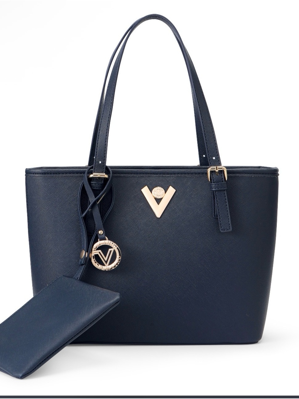 NWT Valentino Orlandi Navy Tote with Gold V Emblem and Detachable Wrislet